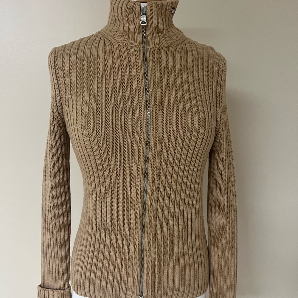 Ralph Lauren Women Size S Tan Cable Knit Cotton Full Zip Sweater Preppy Classic